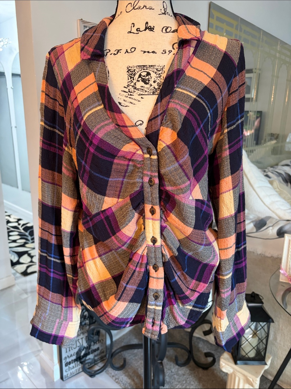 Anthropologie Plaid Button-Down Top in Orange, Purple & Black